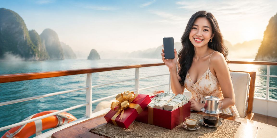 Người dùng đăng nhập tài khoản fhappy tại cà phê vịnh Hạ Long